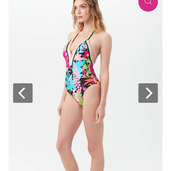 Trina Turk Size 12 Tiki Plunge V Neck Vibrant One Piece Swimsuit Halter Floral - Picture 9 of 14